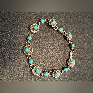 vintage sterling silver rose flowers turquoise bracelet 6.4" MEXICO